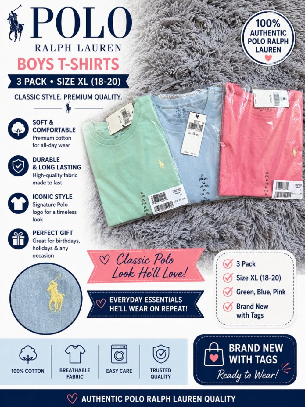 Polo Ralph Lauren Boys Cotton Jersey Crewneck Tee Estate Blue XL (18-20) NWT